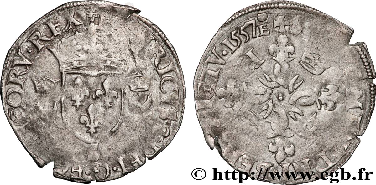 HENRY II Douzain aux croissants 1557 Troyes F/VF
