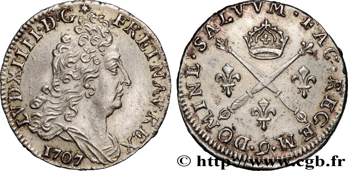 LOUIS XIV  THE SUN KING  10 sols aux insignes 1707 Rennes AU