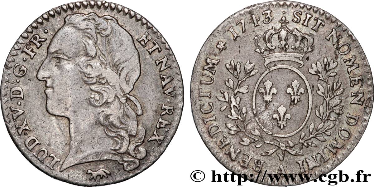 LOUIS XV  THE WELL-BELOVED  Dixième d écu aux branches d’olivier, tête ceinte d’un bandeau 1743 Paris XF