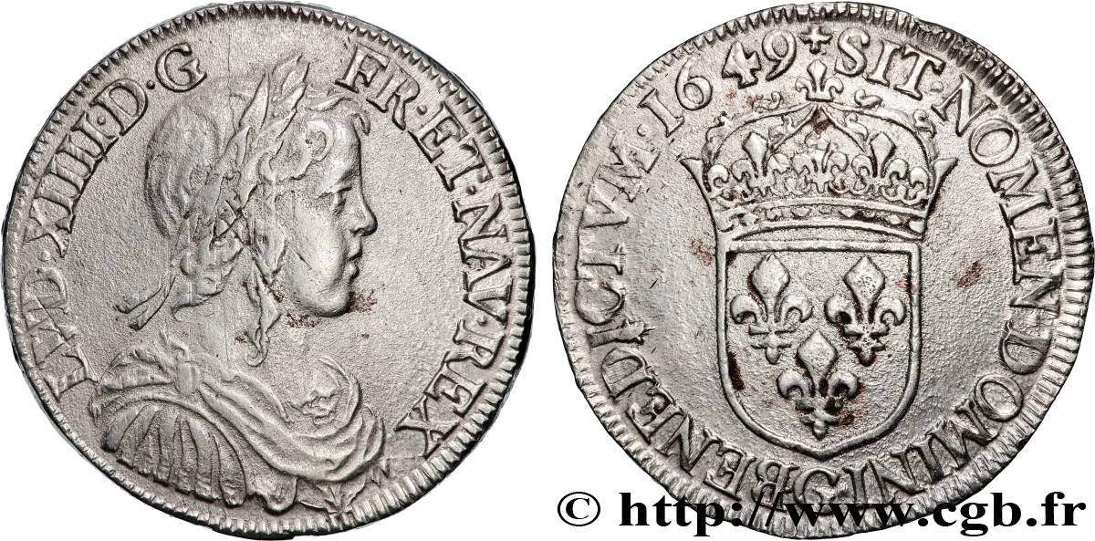 LOUIS XIV  THE SUN KING  Demi-écu, portrait à la mèche longue 1649 Poitiers AU