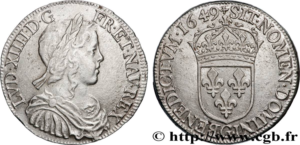 LOUIS XIV LE GRAND OU LE ROI SOLEIL Demi-écu, portrait à la mèche longue 1649 Poitiers SUP