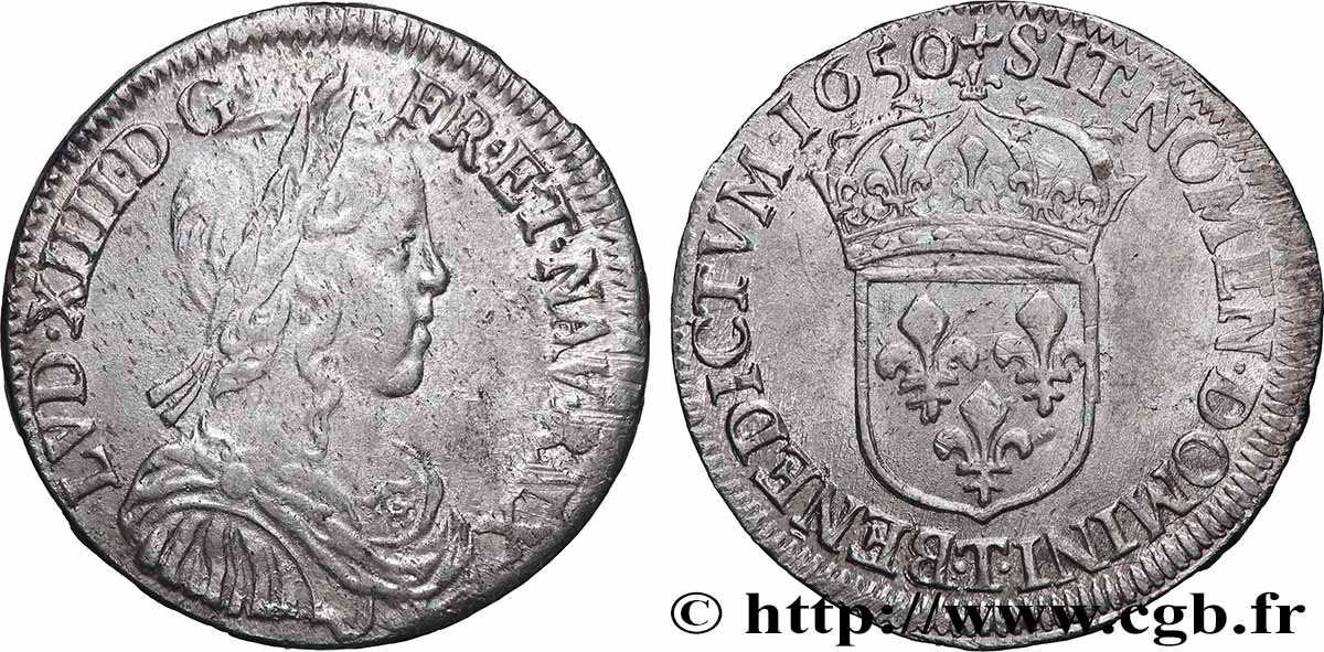 LOUIS XIV  THE SUN KING  Demi-écu, portrait à la mèche longue 1650 Nantes AU/AU