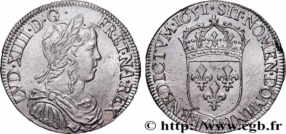 LOUIS XIV  THE SUN KING  Demi-écu, portrait à la mèche longue 1651 La Rochelle MS