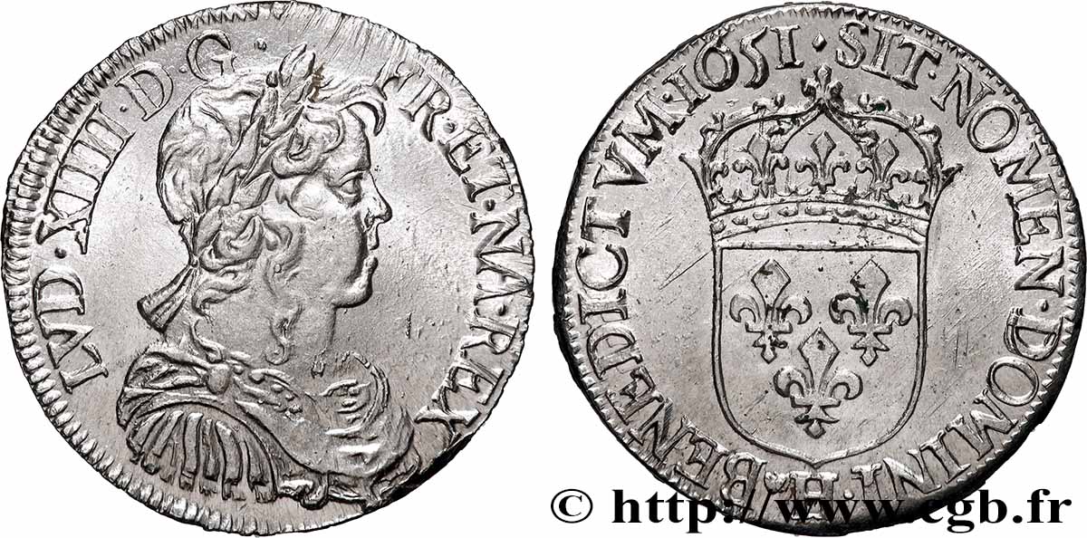 LOUIS XIV LE GRAND OU LE ROI SOLEIL Demi-écu, portrait à la mèche longue 1651 La Rochelle SPL