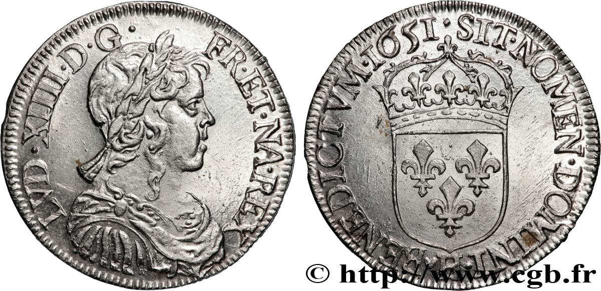 LOUIS XIV LE GRAND OU LE ROI SOLEIL Demi-écu, portrait à la mèche longue 1651 La Rochelle SPL