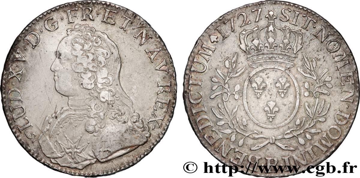 LOUIS XV  THE WELL-BELOVED  Écu aux branches d olivier, buste habillé 1727 Rouen XF/AU