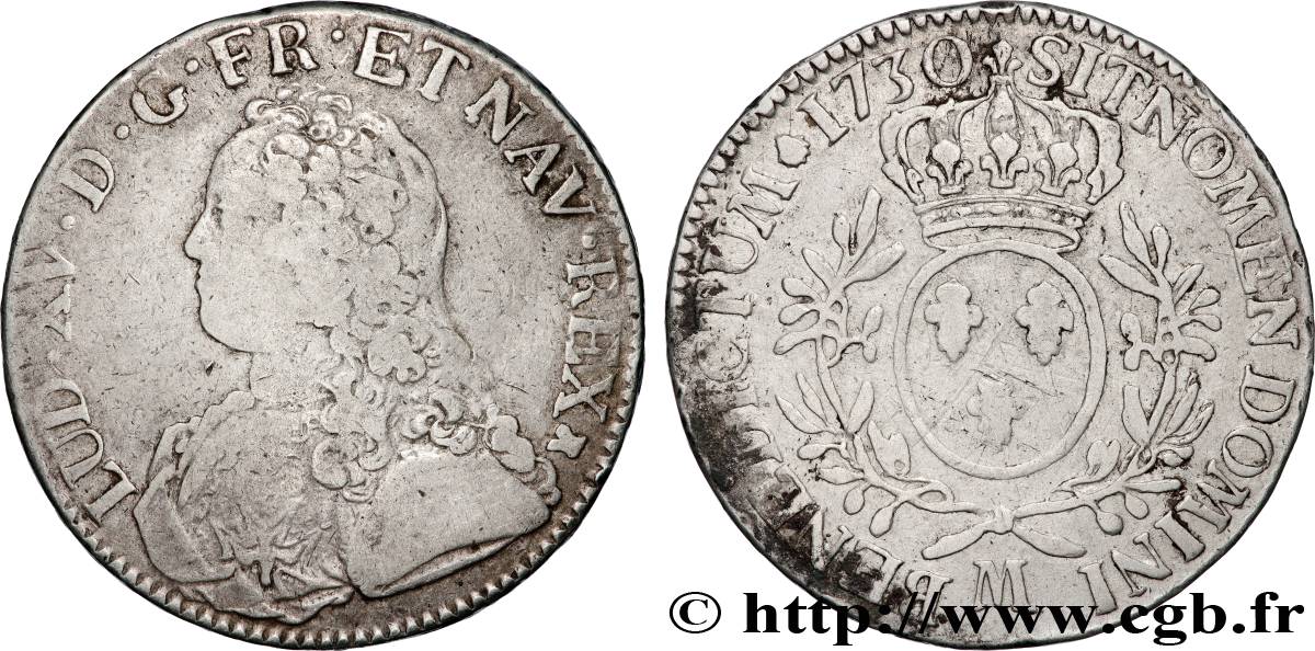 LOUIS XV  THE WELL-BELOVED  Écu aux branches d olivier, buste habillé 1730 Toulouse F/VF