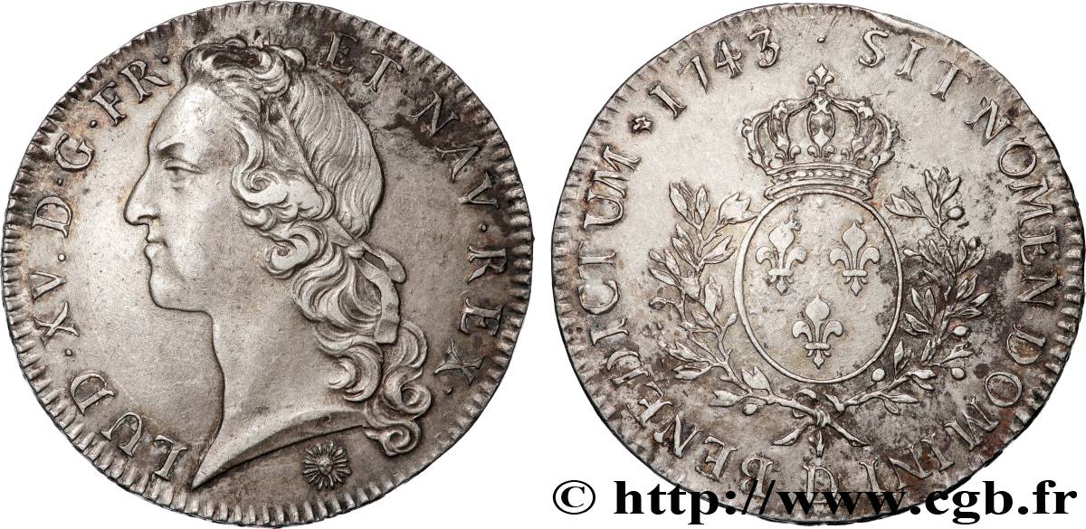 LOUIS XV  THE WELL-BELOVED  Écu aux branches d’olivier, tête ceinte d’un bandeau 1743 Lyon AU