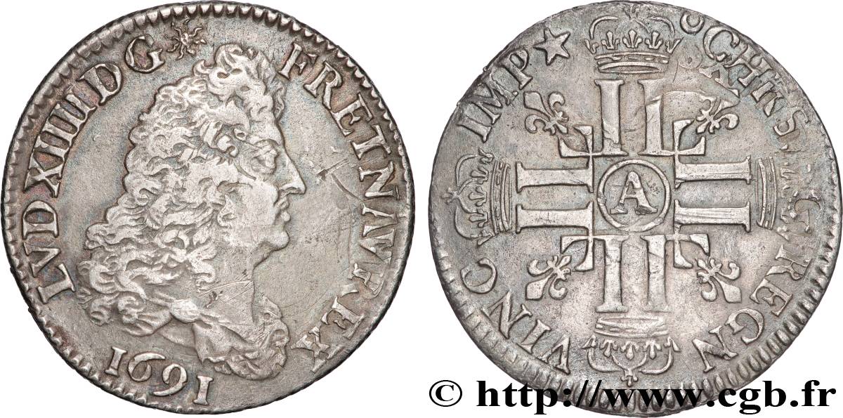 LOUIS XIV LE GRAND OU LE ROI SOLEIL Quart d écu aux huit L, 1er type 1691 Paris TTB