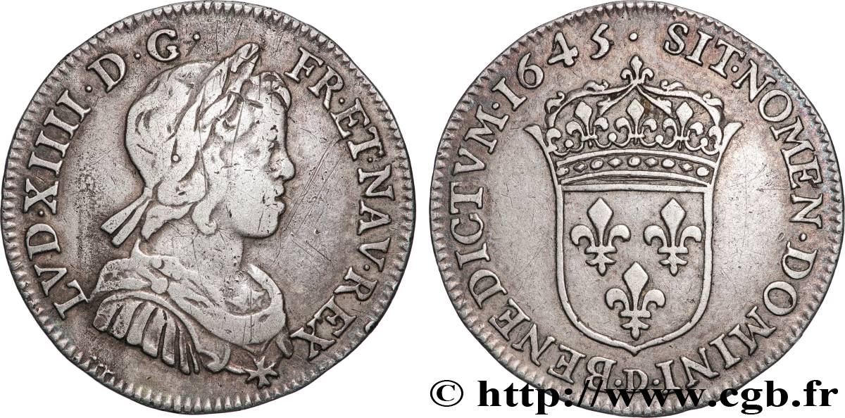 LOUIS XIV LE GRAND OU LE ROI SOLEIL Quart d écu, portrait à la mèche courte 1645 Lyon TB+/TTB