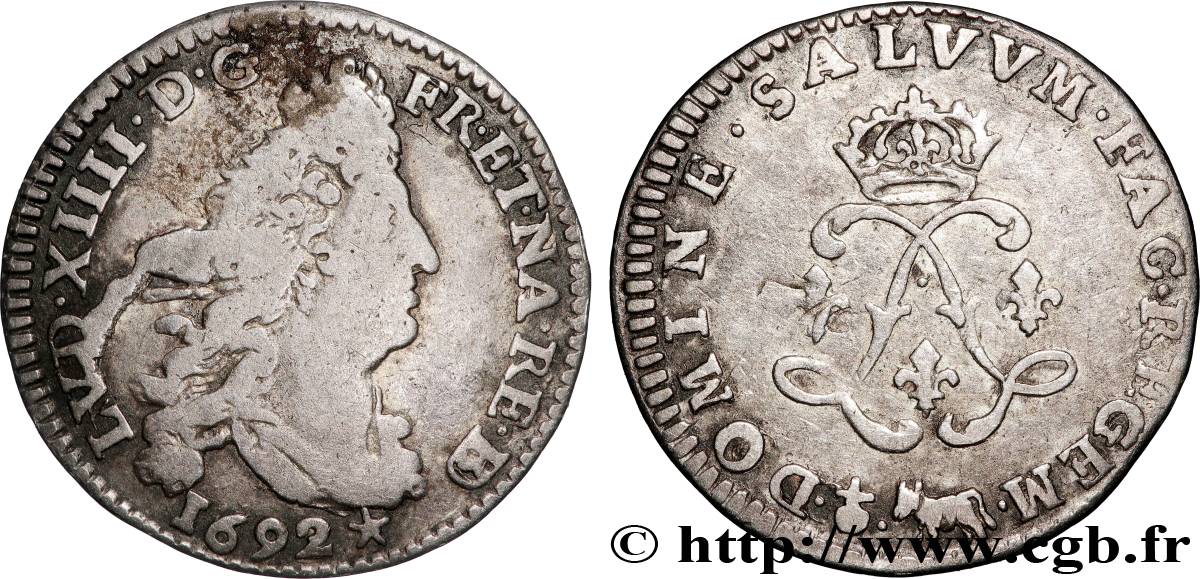 LOUIS XIV LE GRAND OU LE ROI SOLEIL Quatre sols aux deux L couronnées de Béarn 1692 Pau B/B+