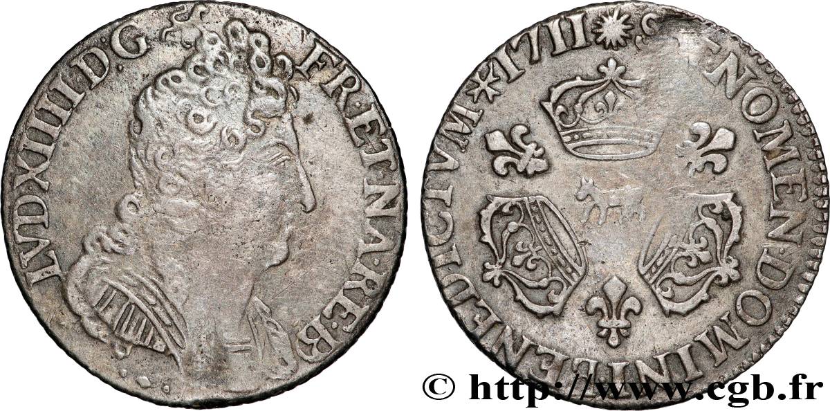 LOUIS XIV LE GRAND OU LE ROI SOLEIL Dixième d écu aux trois couronnes 1711 Pau TB+/TTB
