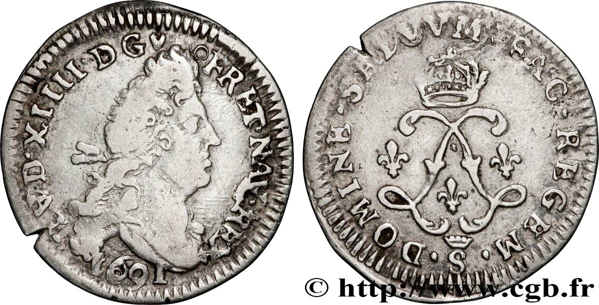 LOUIS XIV LE GRAND OU LE ROI SOLEIL Quatre sols aux deux L 1691 Troyes TB+