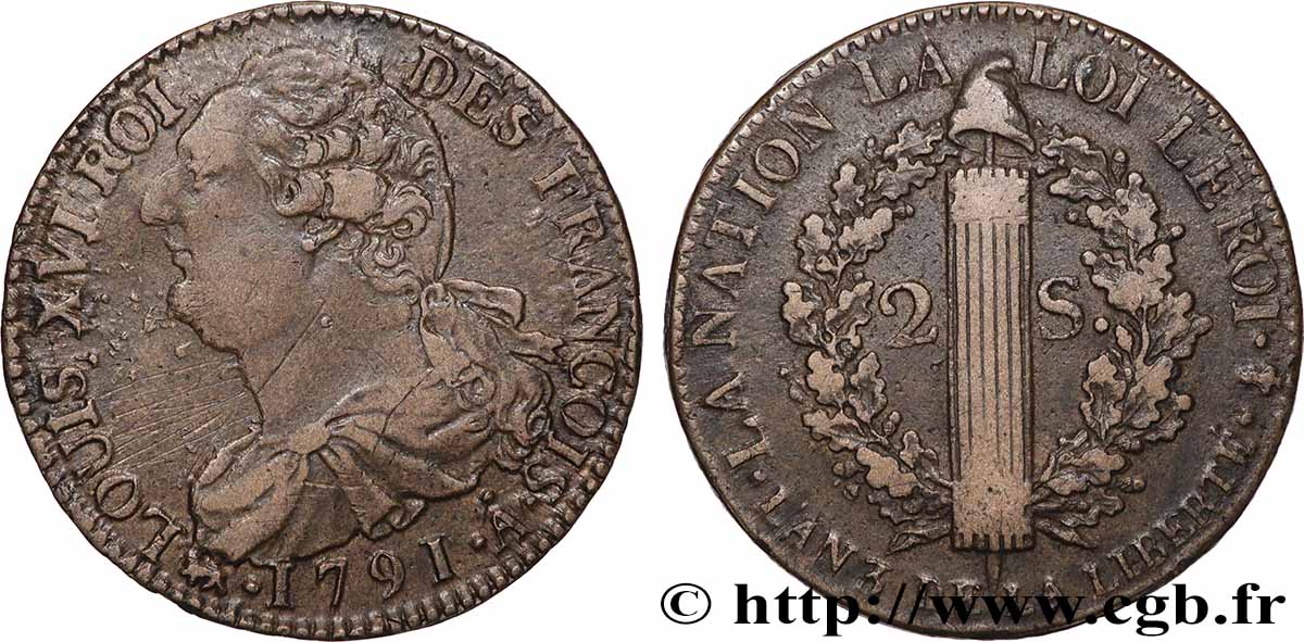 LOUIS XVI 2 sols dit  au faisceau , type FRANÇOIS 1791 Paris AU