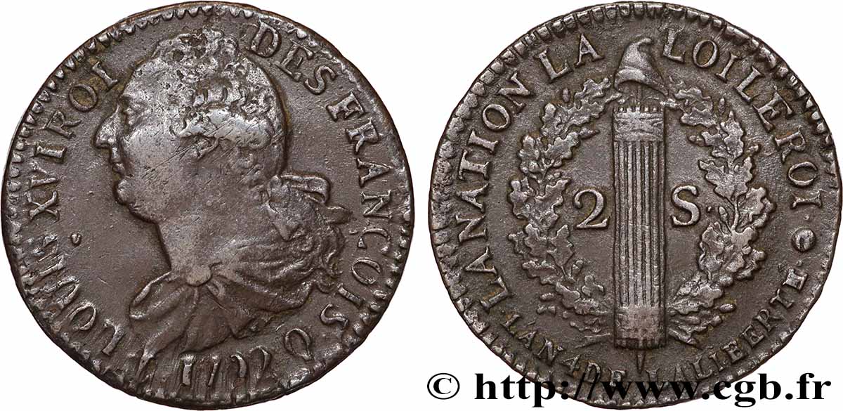 LOUIS XVI (MONARQUE CONSTITUTIONNEL)  2 sols dit  au faisceau , type FRANÇOIS 1792 Perpignan TTB/TTB+