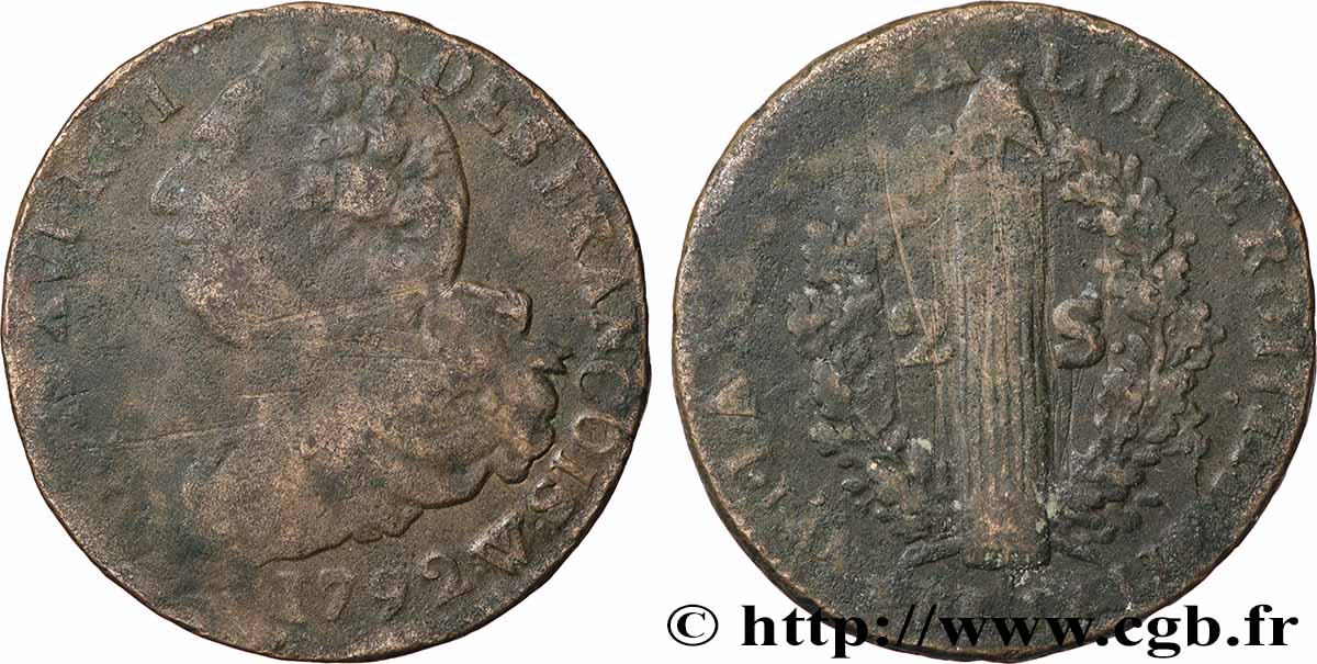 LOUIS XVI (MONARQUE CONSTITUTIONNEL)  2 sols dit  au faisceau , type FRANCOIS 1792 Lille TB+