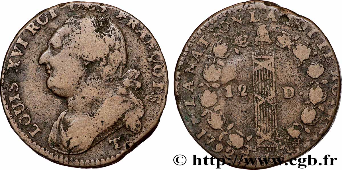 LOUIS XVI (MONARQUE CONSTITUTIONNEL)  12 deniers dit  au faisceau , type FRANÇOIS 1792 Nantes TB+