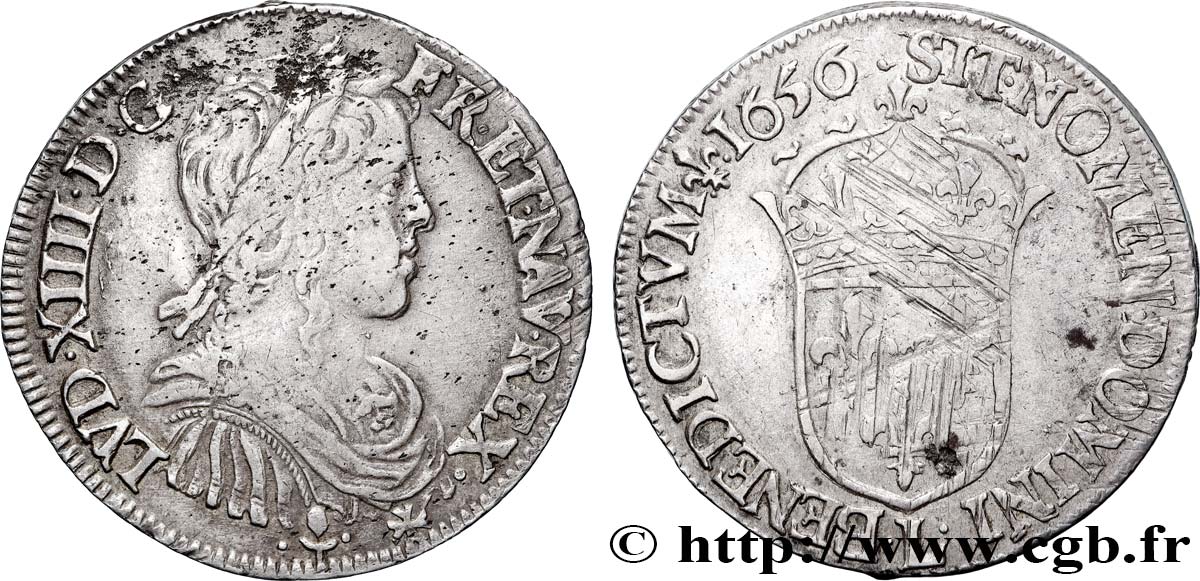 LOUIS XIV  THE SUN KING  Demi-écu, portrait à la mèche longue 1656 Bayonne XF/VF