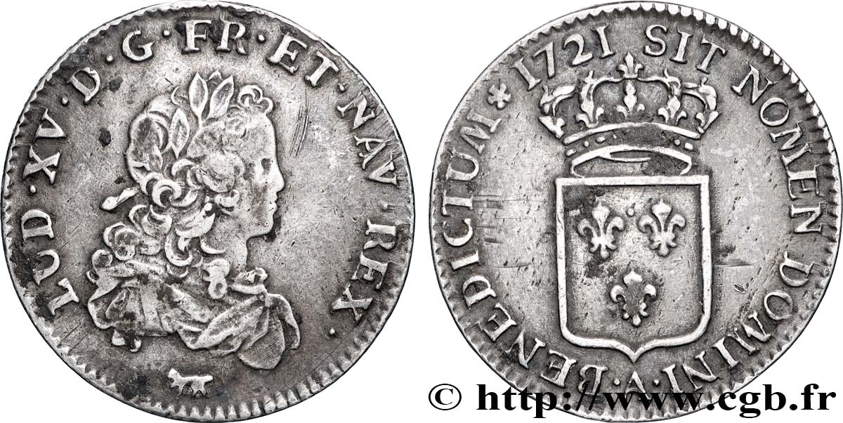 LOUIS XV  THE WELL-BELOVED  Tiers d écu de France 1721 Paris XF