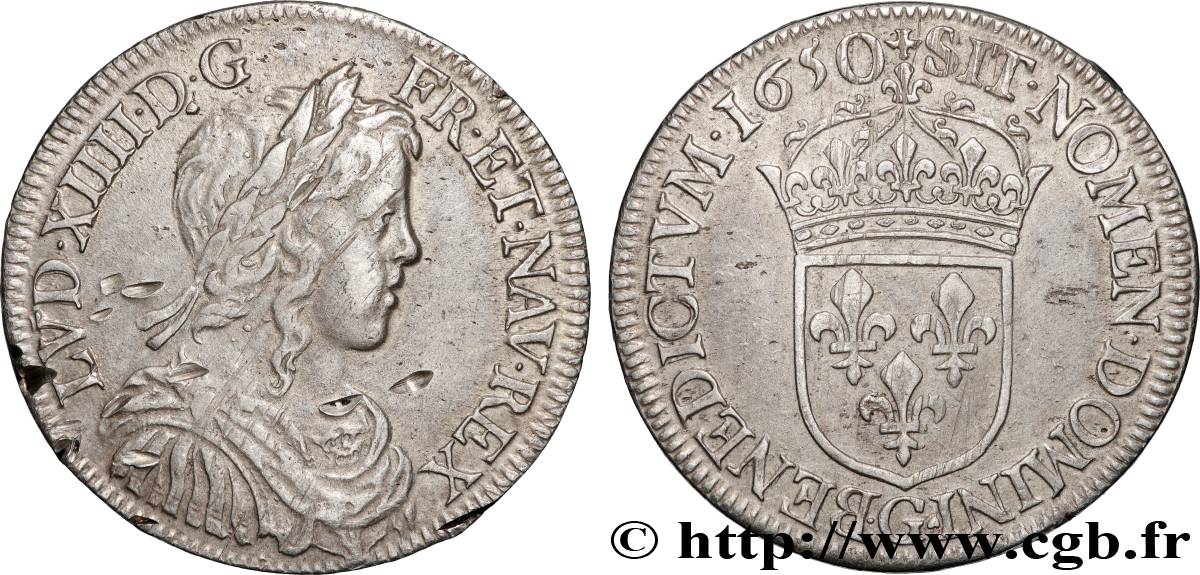 LOUIS XIV  THE SUN KING  Demi-écu, portrait à la mèche longue 1650 Poitiers XF/AU