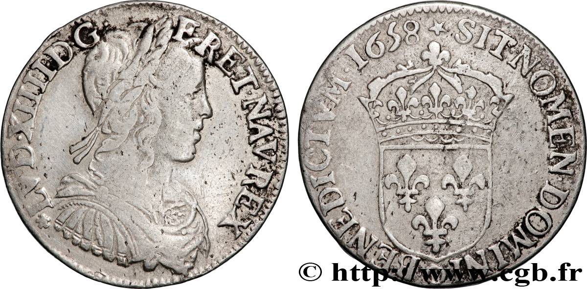 LOUIS XIV  THE SUN KING  Demi-écu, portrait à la mèche longue 1658 Rennes VF/XF