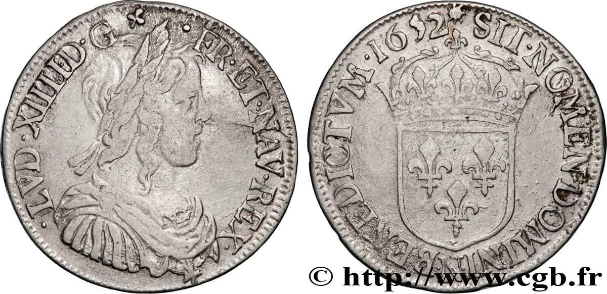 LOUIS XIV LE GRAND OU LE ROI SOLEIL Demi-écu, portrait à la mèche longue 1652 Montpellier TB+