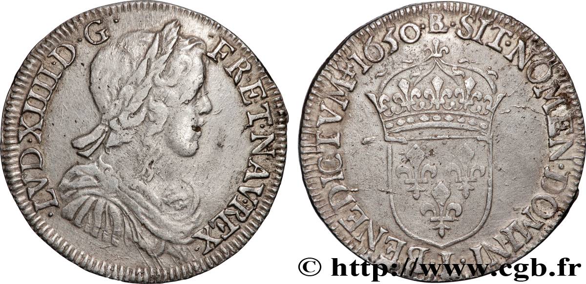 LOUIS XIV LE GRAND OU LE ROI SOLEIL Demi-écu, portrait à la mèche longue 1650 Bayonne TB+/TTB