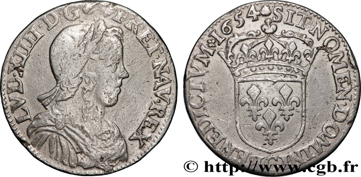 LOUIS XIV LE GRAND OU LE ROI SOLEIL Demi-écu, portrait à la mèche longue 1654 Saint-Lô TB/TTB