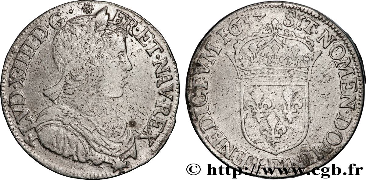 LOUIS XIV LE GRAND OU LE ROI SOLEIL Demi-écu, portrait à la mèche longue 1653 Angers TB+/TTB