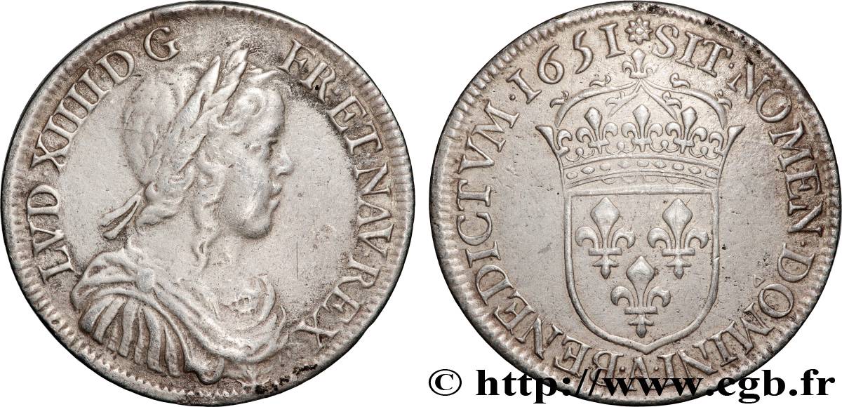 LOUIS XIV LE GRAND OU LE ROI SOLEIL Demi-écu, portrait à la mèche longue 1651 Paris TB+/TTB