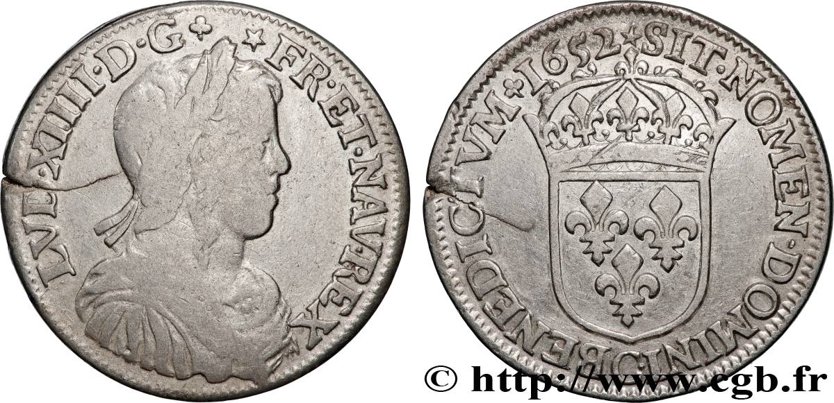 LOUIS XIV  THE SUN KING  Demi-écu, portrait à la mèche longue 1652 Saint-Lô MB/BB