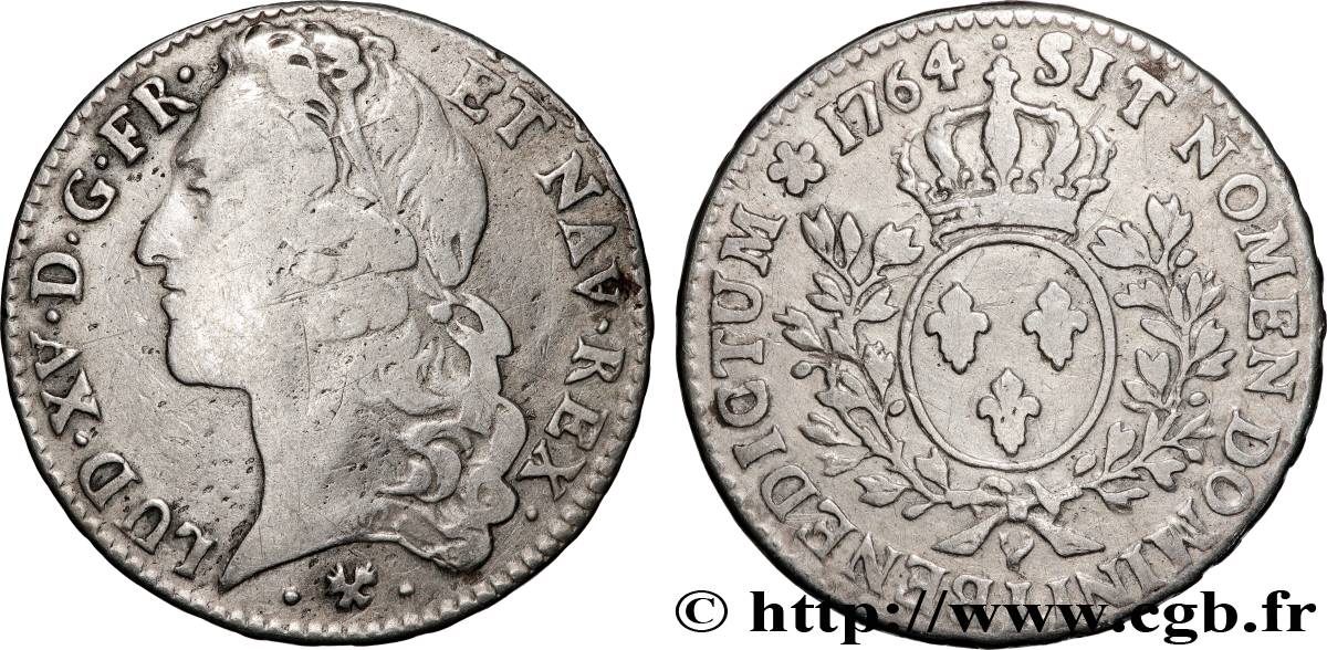 LOUIS XV DIT LE BIEN AIMÉ Demi-écu aux branches d’olivier, tête ceinte d’un bandeau 1764 Bayonne TB+