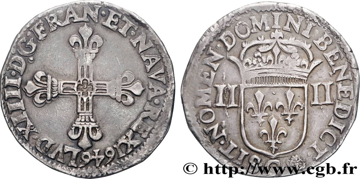 LOUIS XIV LE GRAND OU LE ROI SOLEIL Quart d écu, titulature côté croix 1646 Saint-Lô TTB