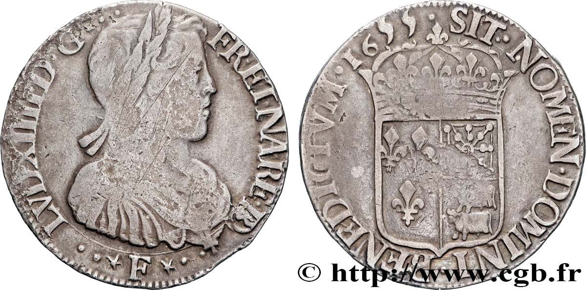 LOUIS XIV LE GRAND OU LE ROI SOLEIL Demi-écu de Béarn, portait à la mèche longue 1655 Pau TB+