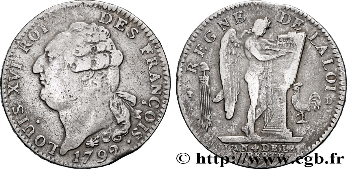 LOUIS XVI (MONARQUE CONSTITUTIONNEL)  Écu dit  au génie , légende FRANÇOIS 1792 Lyon TB+/TB