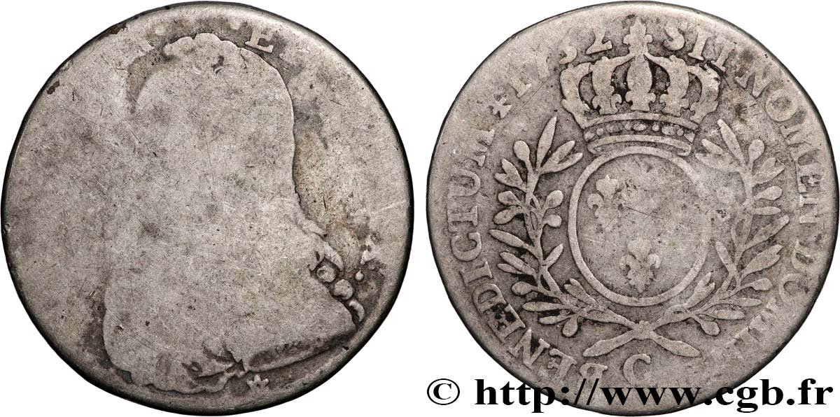 LOUIS XV DIT LE BIEN AIMÉ Demi-écu aux branches d olivier, buste habillé 1732 Caen B/B+