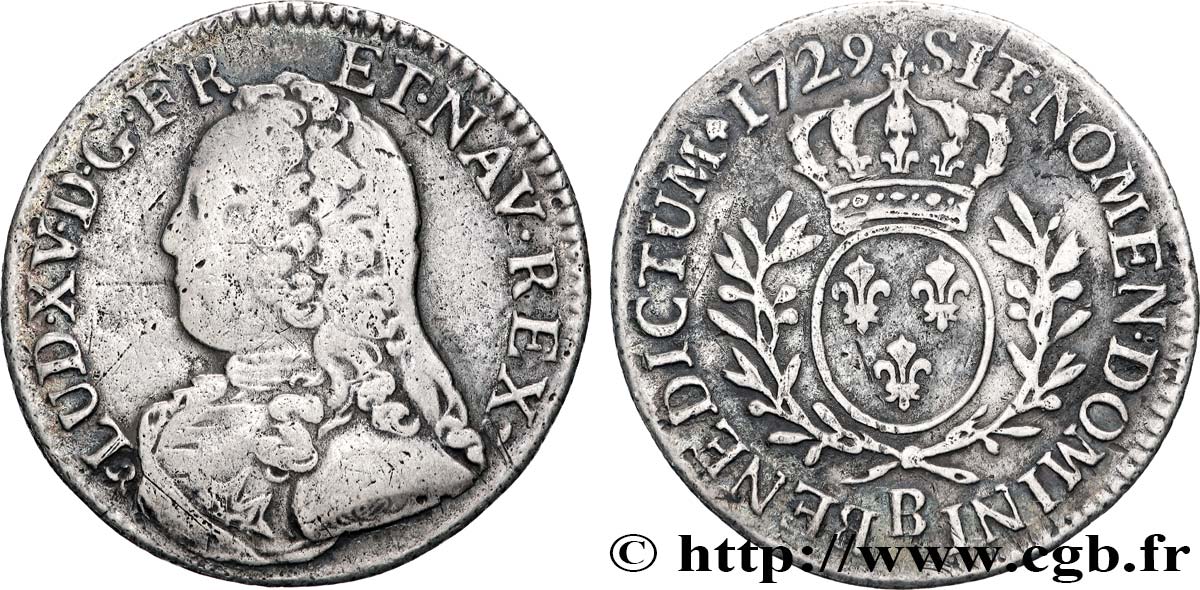 LOUIS XV DIT LE BIEN AIMÉ Cinquième d écu aux branches d olivier, buste habillé 1729 Rouen TB/TB+