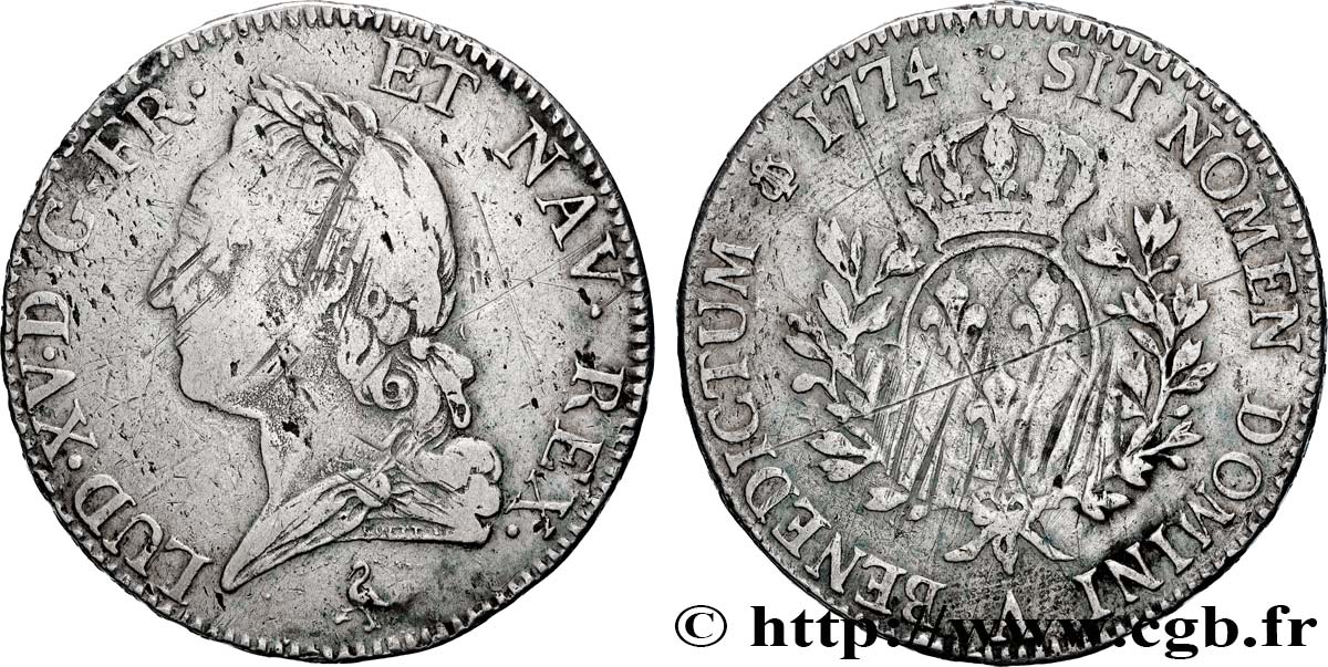 LOUIS XV DIT LE BIEN AIMÉ Écu aux branches d’olivier, buste lauré 1774 Paris TB/TB+