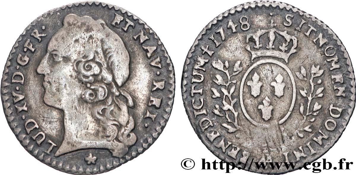 LOUIS XV DIT LE BIEN AIMÉ Vingtième d écu aux branches d’olivier, tête ceinte d’un bandeau 1748 Metz TTB