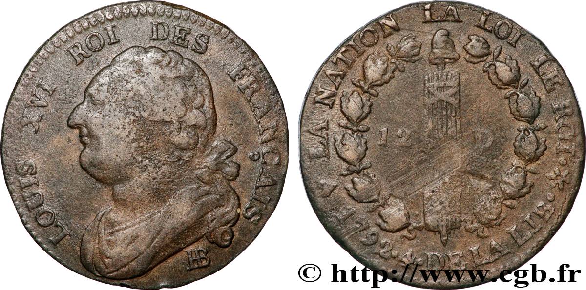 LOUIS XVI (MONARQUE CONSTITUTIONNEL)  12 deniers dit  au faisceau , type FRANÇAIS 1792 Strasbourg TB+