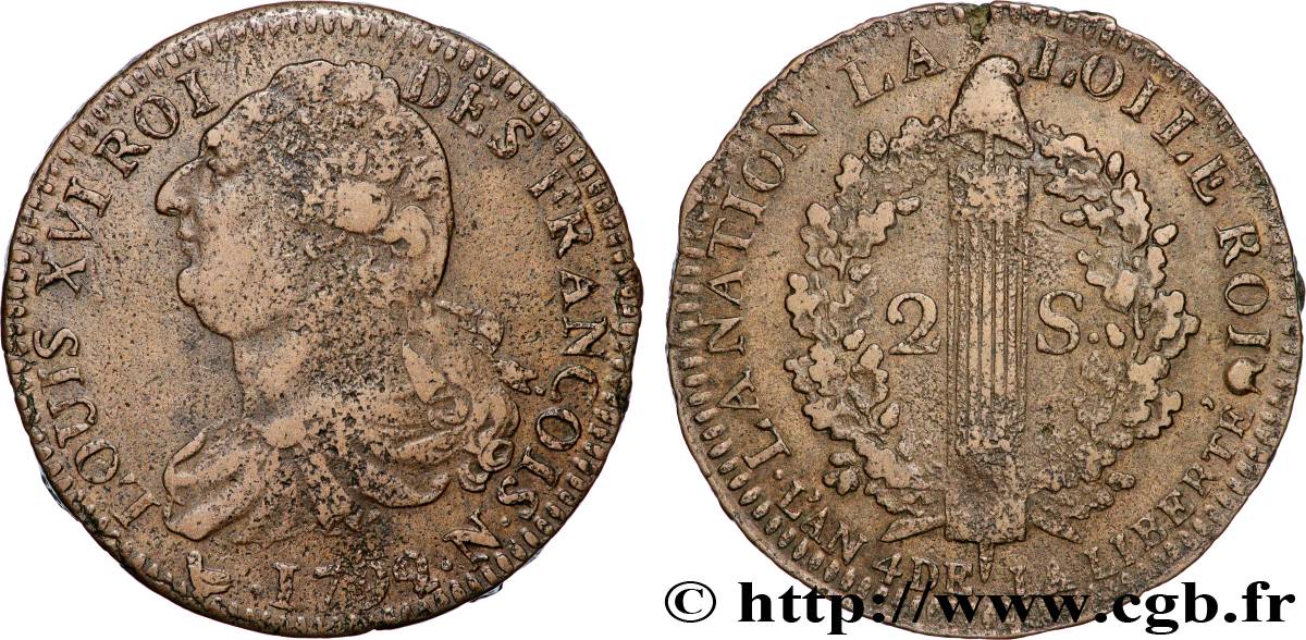 LOUIS XVI 2 sols dit  au faisceau , type FRANÇOIS 1792 Montpellier q.BB