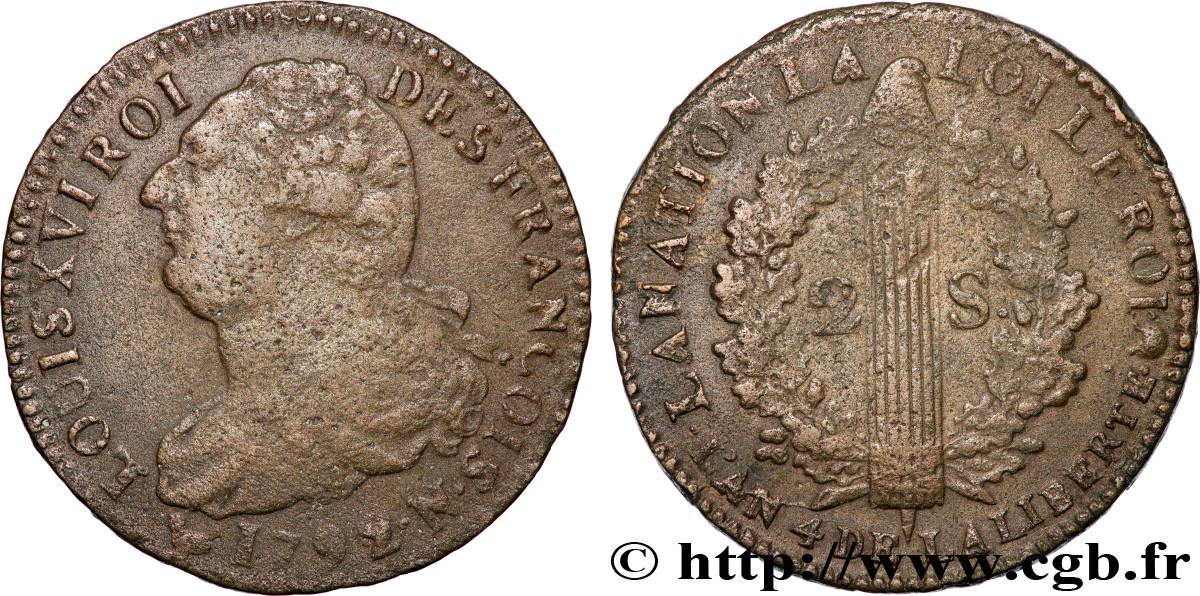 LOUIS XVI 2 sols dit  au faisceau , type FRANÇOIS 1792 Montpellier q.BB
