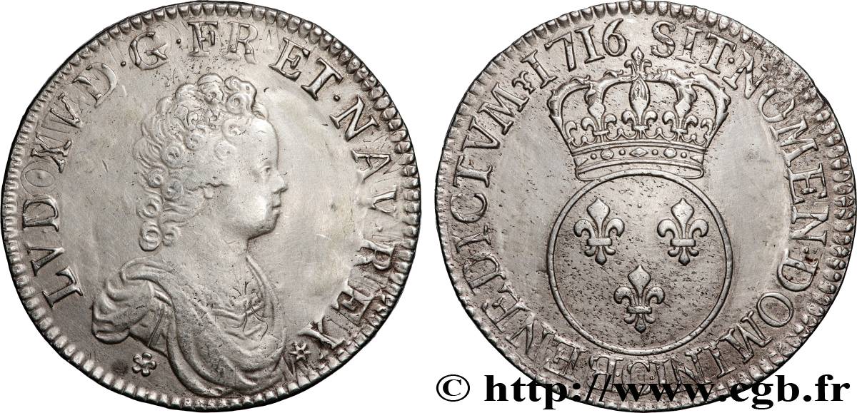 LOUIS XV DIT LE BIEN AIMÉ Écu dit  vertugadin  1716 Caen TTB/TTB+