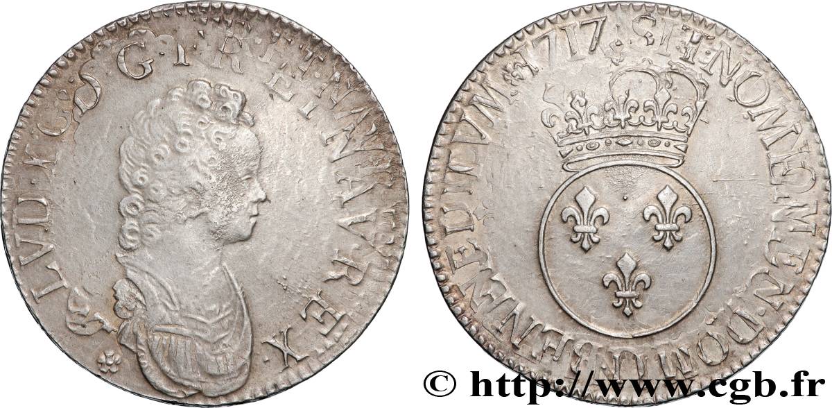 LOUIS XV  THE WELL-BELOVED  Écu dit  vertugadin  1717 Lyon MBC