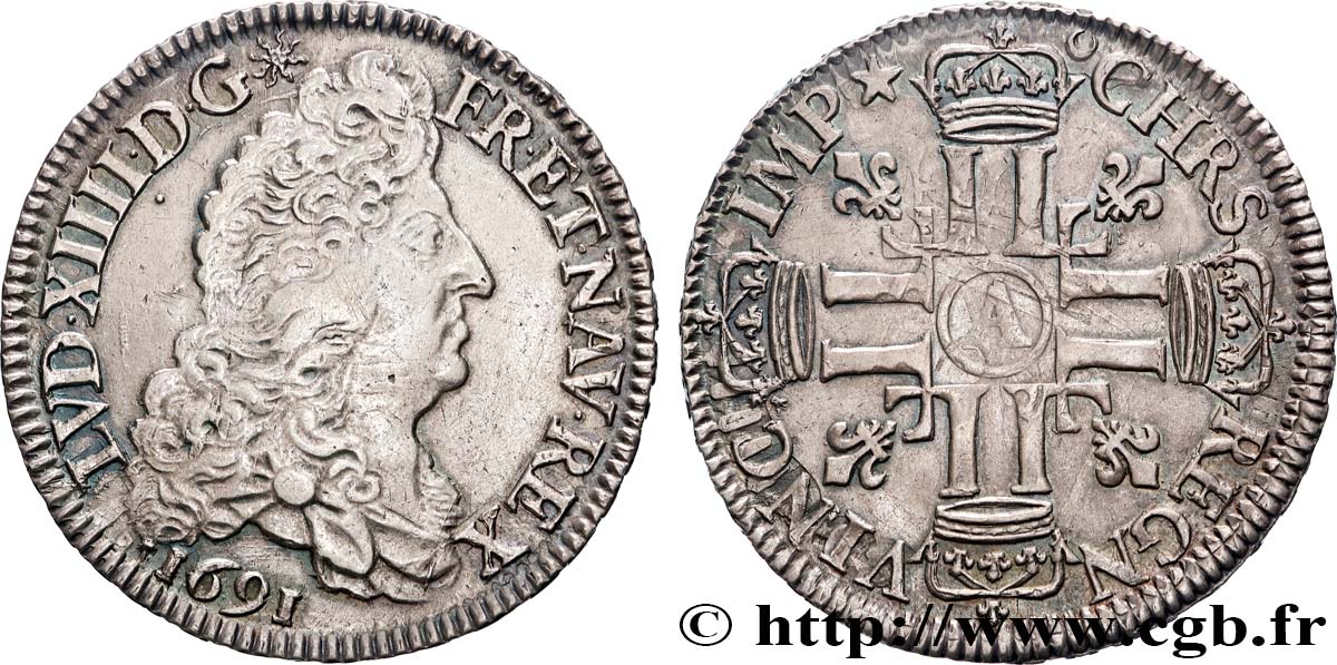 LOUIS XIV LE GRAND OU LE ROI SOLEIL Demi-écu aux huit L, 1er type 1691 Paris TTB/TTB+