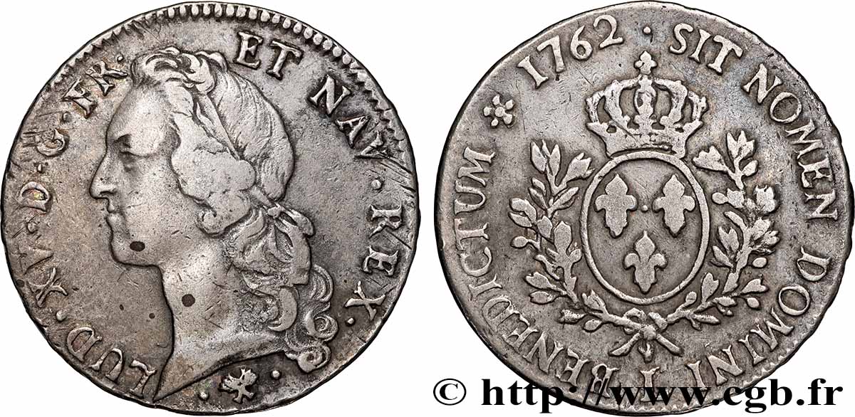 LOUIS XV THE BELOVED Écu aux branches d’olivier, tête ceinte d’un bandeau 1762 Bayonne VF