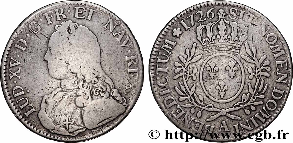 LOUIS XV THE BELOVED Écu aux branches d olivier, buste habillé 1726 Paris VF