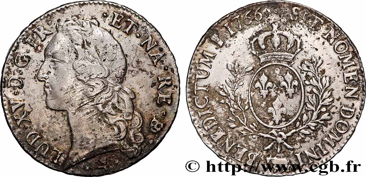 LOUIS XV THE BELOVED Écu aux branches d’olivier, tête ceinte d’un bandeau 1766 Pau XF