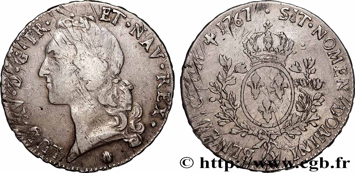 LOUIS XV  THE WELL-BELOVED  Écu aux branches d’olivier, tête ceinte d’un bandeau 1767 Perpignan q.BB
