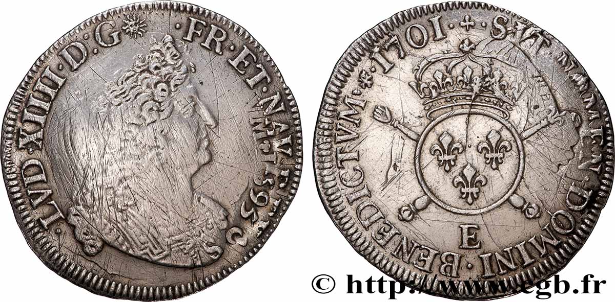 LOUIS XIV  THE SUN KING  Demi-écu aux insignes 1701 Tours VF/XF